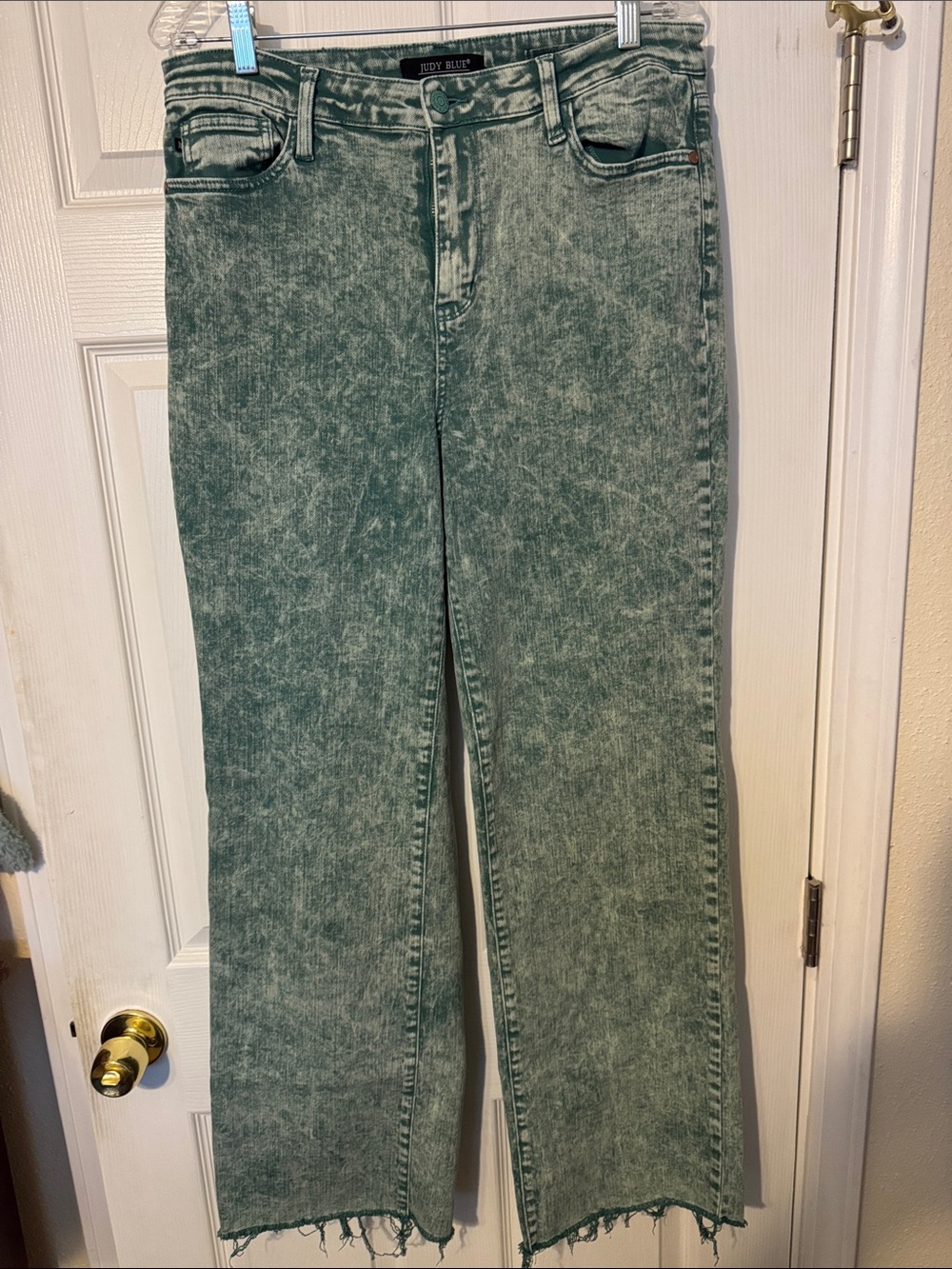 Judy Blue Green Acid-Wash Wide Leg Jeans with Frayed Hem